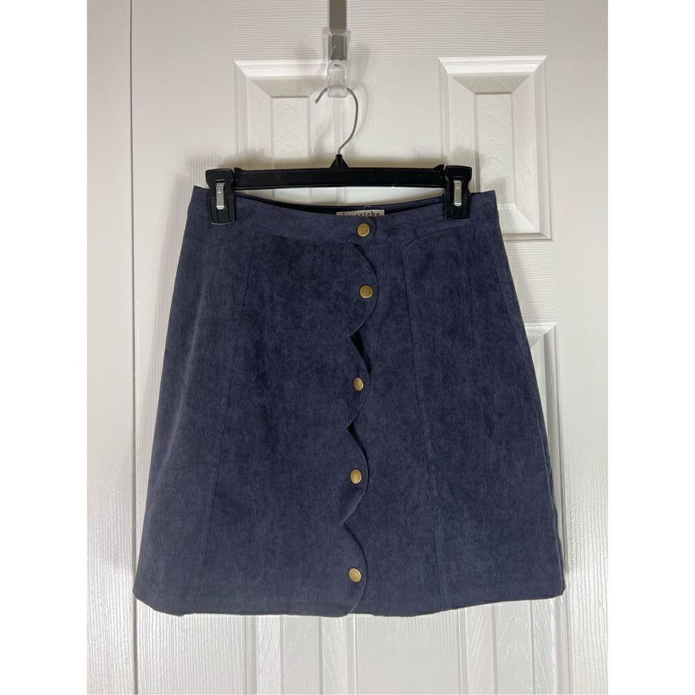 Love Riche Navy Corduroy Scalloped Button A line Mini Skirt Size Small